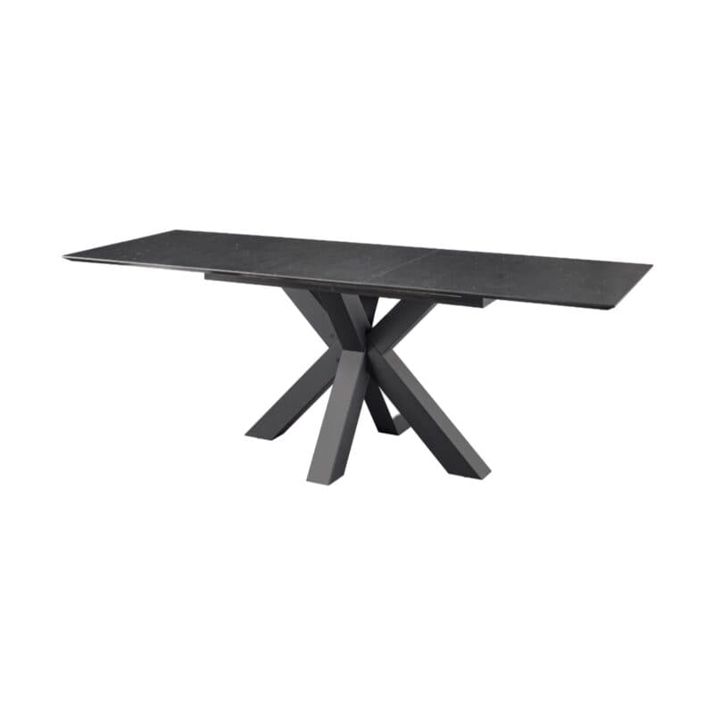 set one by Musterring New Atlanta Esstisch mit Platte in Keramik Nachbildung schwarz und Sterngestell in Dekor Vulkanschwarz – mit Auszug Perspektivansicht