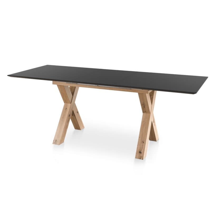 set one by Musterring New Atlanta Esstisch mit Platte in Dekor Vulkanschwarz und X-Gestell in Asteiche Artisan Nachbildung – mit Auszug