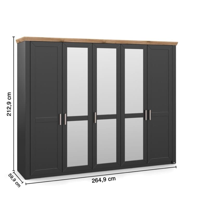 set one by Musterring York-Schlafen Drehtürenschrank mit fünf Türen, davon 3 verspiegelt, in Dekor Grau Anthrazit - Komfortmodell, Skizze Maße