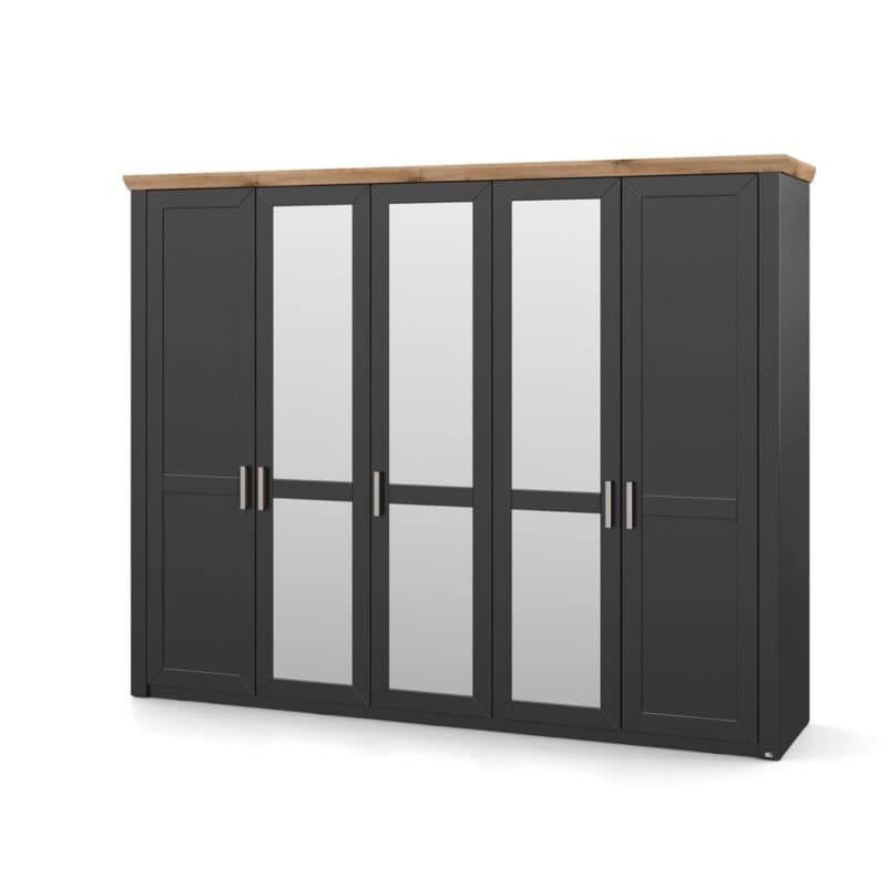 set one by Musterring York-Schlafen Drehtürenschrank mit fünf Türen, davon 3 verspiegelt, in Dekor Grau Anthrazit - Komfortmodell, Perspektivansicht