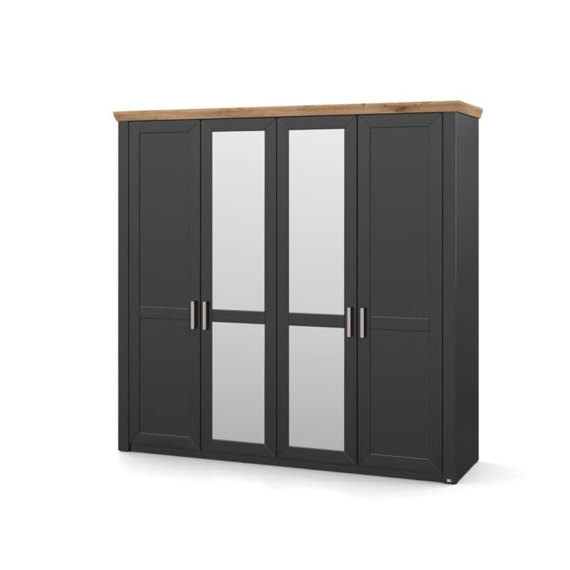 set one by Musterring York-Schlafen Drehtürenschrank mit vier Türen und Spiegel, in Dekor Grau Anthrazit - Komfortmodell Perspektivansicht