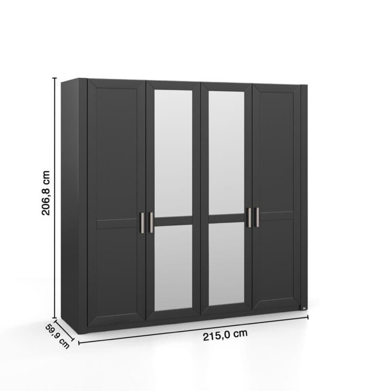 set one by Musterring York-Schlafen Drehtürenschrank mit vier Türen und Spiegel, in Dekor Grau Anthrazit - Skizze Maße