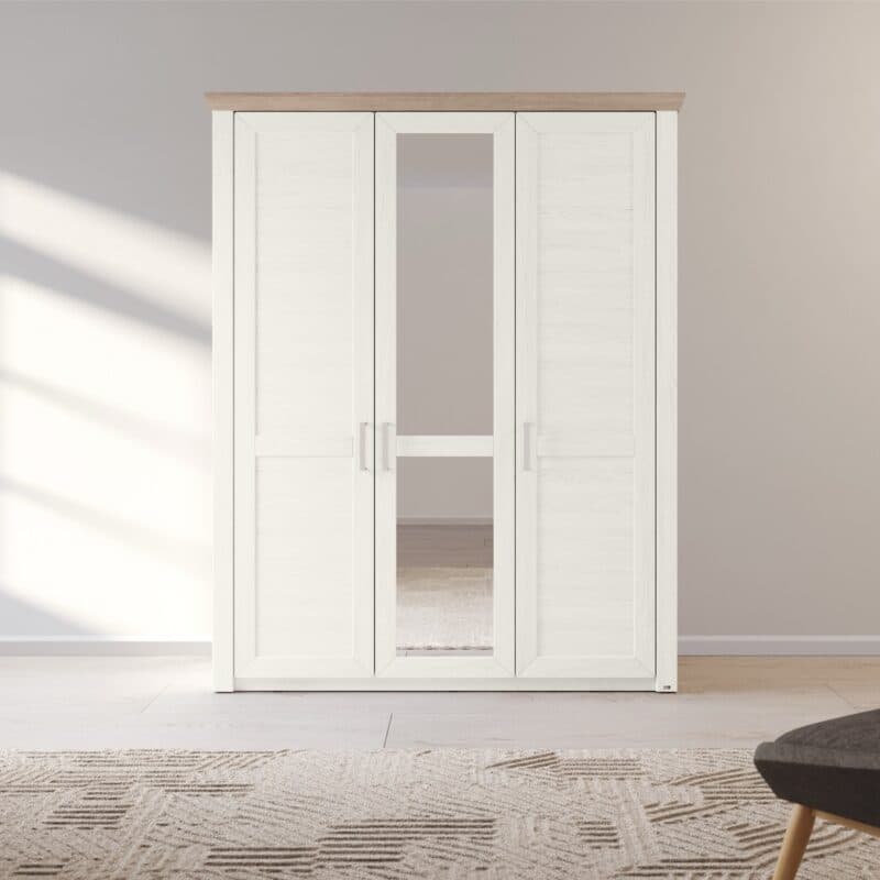 set one by Musterring York-Schlafen Drehtürenschrank mit drei Türen und Spiegel, in Pino Aurelio Nachbildung mit Kranz in Eiche Nelson Nachbildung - Wohnbeispiel