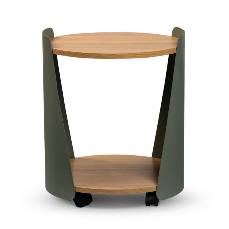 Trendstore Marva Beistelltisch mit Rollen, Platte in Eiche Nachbildung und Korpus aus Metall in Grün - Frontansicht