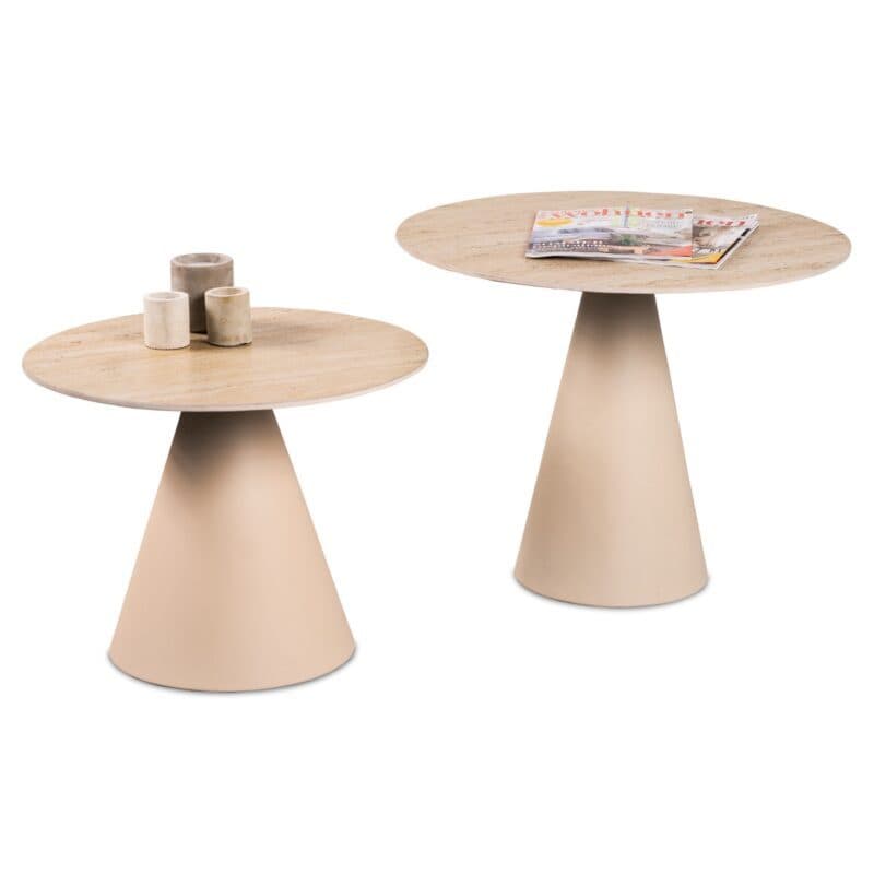 Trendstore Marylou Beistelltisch 2er Set mit Platten aus Keramik mit Travertinoptik und Gestell aus Metall in Cremeweiß