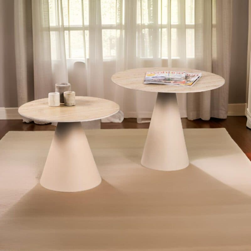 Trendstore Marylou Beistelltisch 2er Set mit Platten aus Keramik mit Travertinoptik und Gestell aus Metall in Cremeweiß - Wohnbeispiel