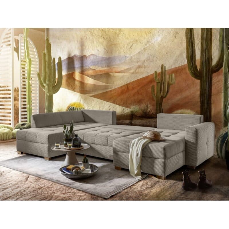 Trendstore Josy Wohnlandschaft in Cord taupe – Wohnbeispiel, Ottomane links