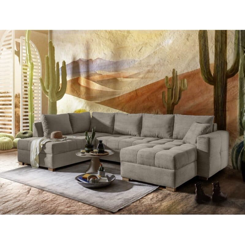 Trendstore Josy Wohnlandschaft in Cord taupe – Wohnbeispiel, Ottomane links