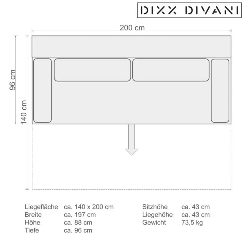 Dixx Divani Eight Sofa mit Schlaffunktion in Stoffbezug – Skizze Maße
