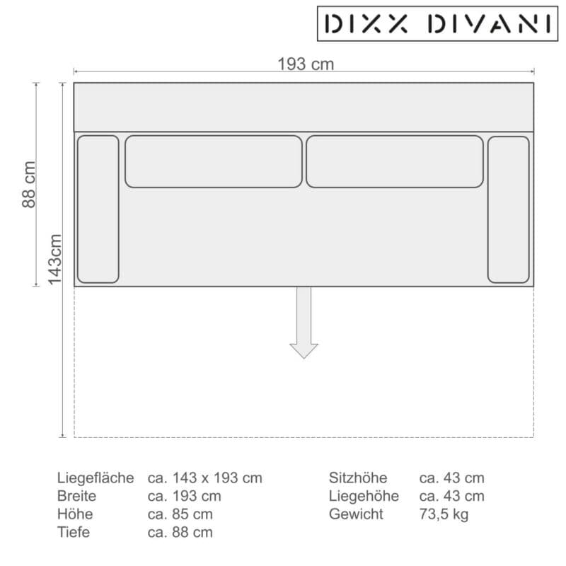 Dixx Divani Two Sofa mit Schlaffunktion in Cordbezug – Skizze Maße