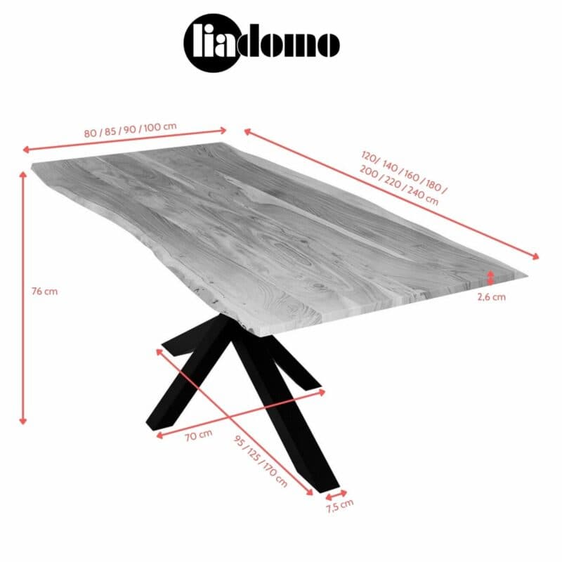 Liadomo Sammy Baumkantentisch Akazie natur mit Spider-Gestell aus Metall in Schwarz - Maßskizze