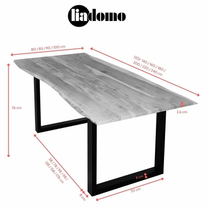 Liadomo Sammy Baumkantentisch Akazie natur mit U-Gestell aus Metall in Schwarz - Maßskizze