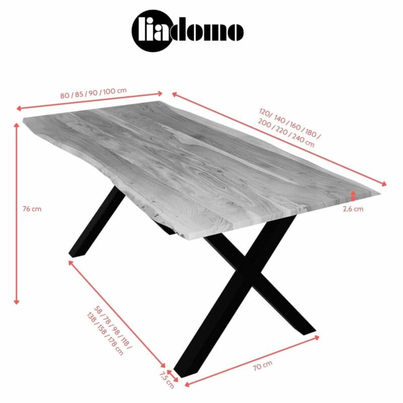 Liadomo Sammy Baumkantentisch Akazie natur mit X-Gestell aus Metall in Schwarz - Maßskizze
