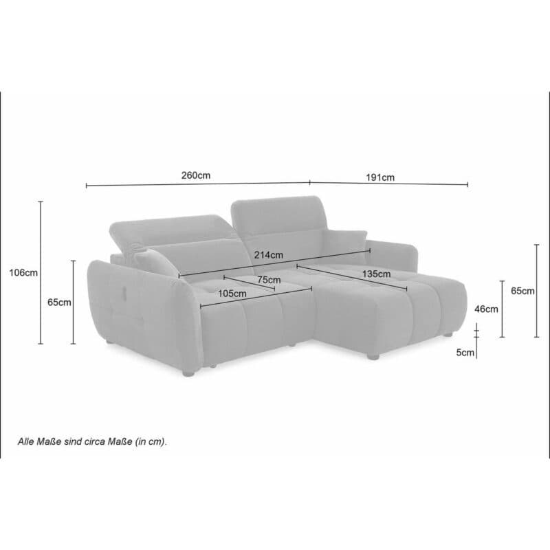 Trendstore Jaimie Ecksofa in Chenille mit Ottomane – Skizze Maße