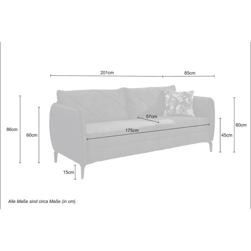 Trendstore Jerina 3-Sitzer Sofa in Chenillebezug – Skizze Maße