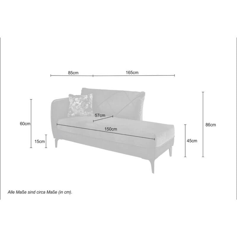 Trendstore Jerina Recamiere mit Rücken und Armlehne links – Skizze Maße