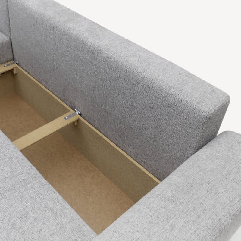 Trendstore Joni Ecksofa Bezug Chenille hellgrau mit Ottomane – Detail Bettkasten