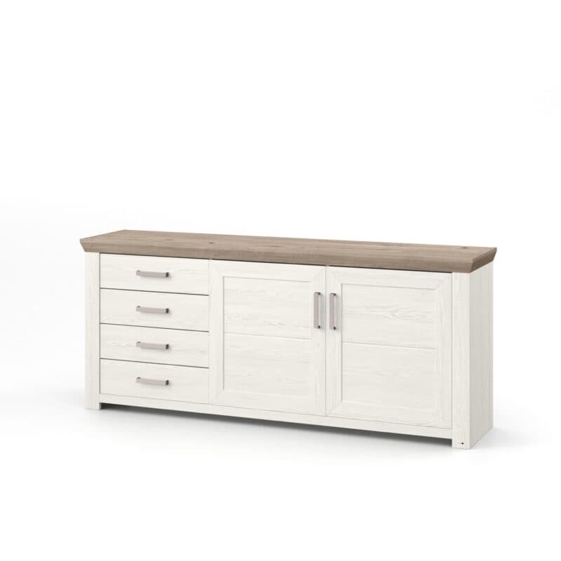 set one by Musterring Type 51 Sideboard mit einer Deckplatte in Eiche Nelson Nachbildung und einem Korpus in Dekor Pino Aurelio mit zwei Türen und vier Schubkästen in frontaler Ansicht – Perspektivansicht