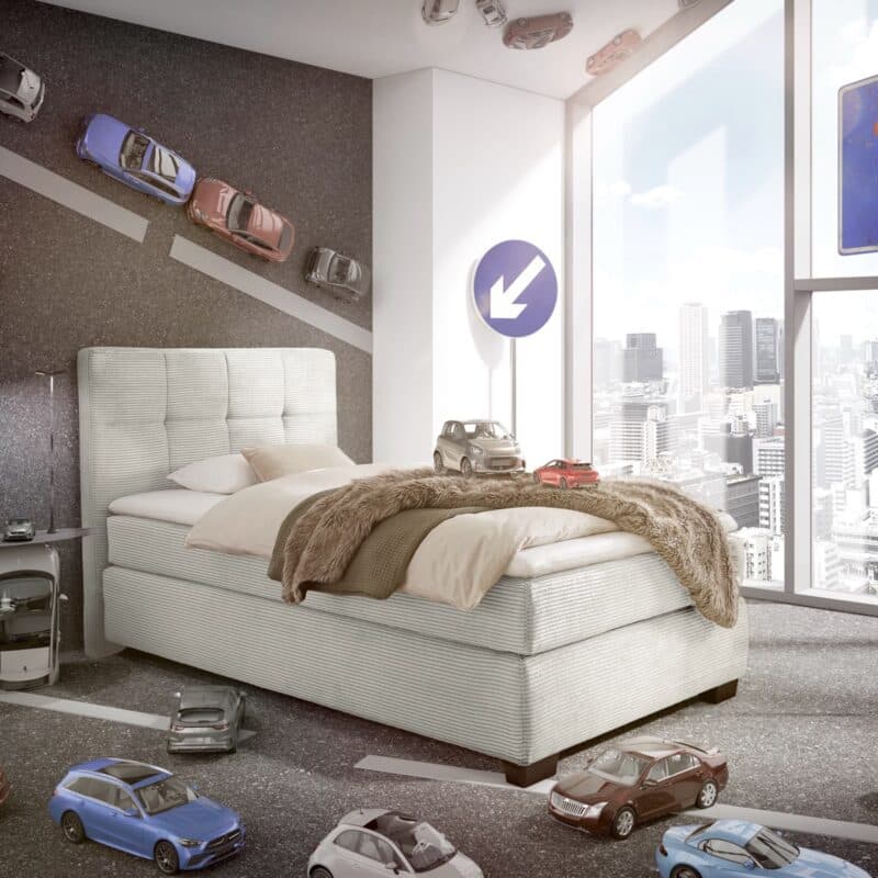 Trendstore Jila Boxspringbett in Bezug Cord beige - Liegefläche 120 x 200 cm - Wohnbeispiel