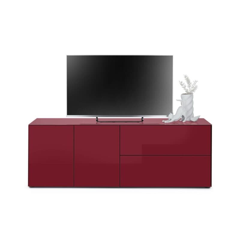 Trendstore Makoa Lowboard aus Glas bordeaux glanz, mit 2 Türen, 1 Schub und 1 Klappe, Variante B