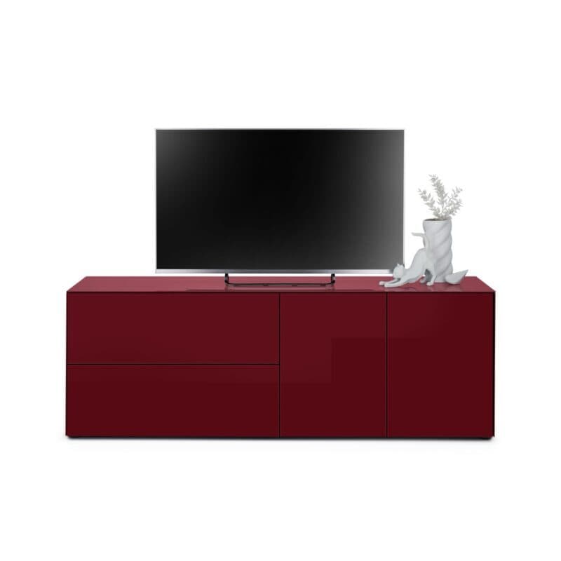 Trendstore Makoa Lowboard aus Glas bordeaux glanz, mit 2 Türen, 1 Schub und 1 Klappe, Variante C