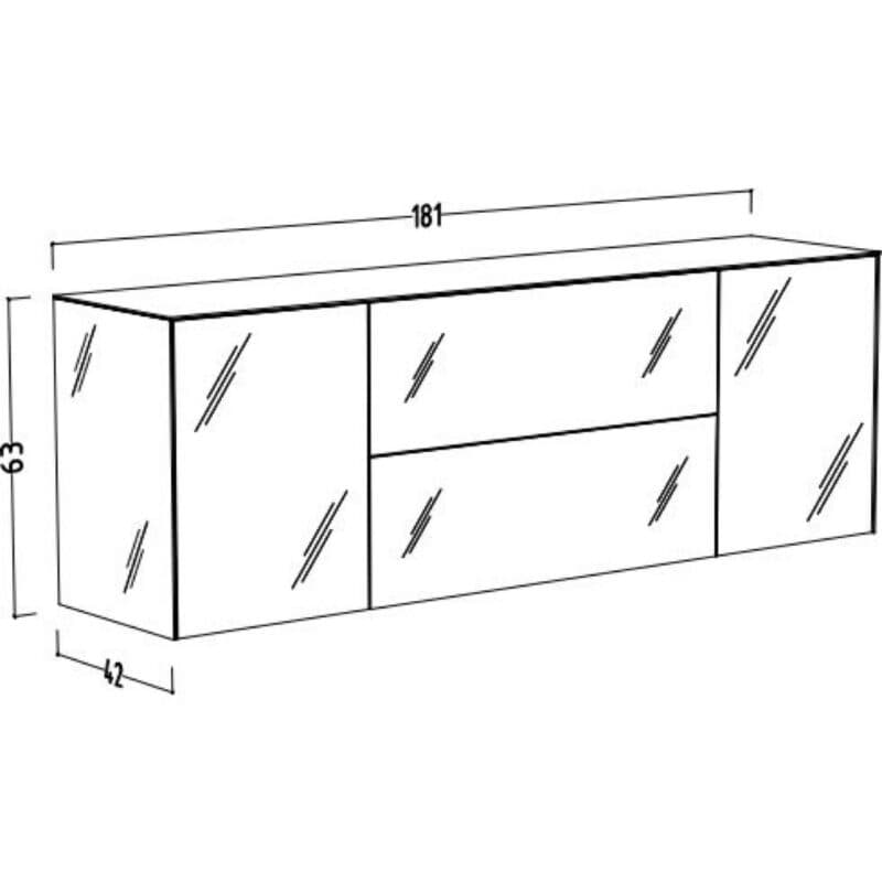 Trendstore Makoa Lowboard aus Glas glanz, mit 2 Türen, 1 Schub und 1 Klappe – Skizze Maße