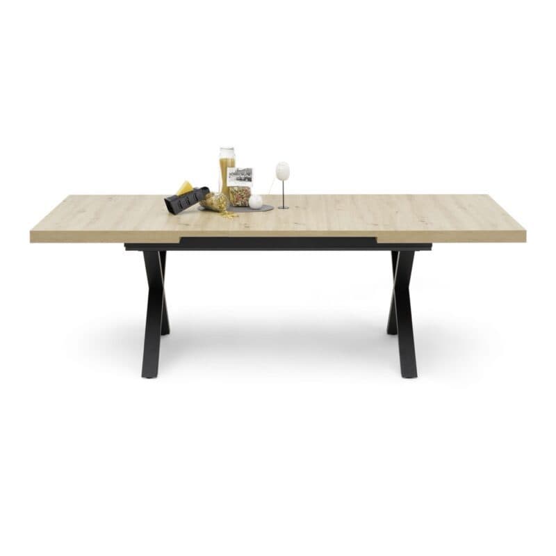 Trendstore Mirell Ausziehtisch mit Platte in Asteiche Nachbildung und X-Gestell in Metall schwarz – mit Auszug