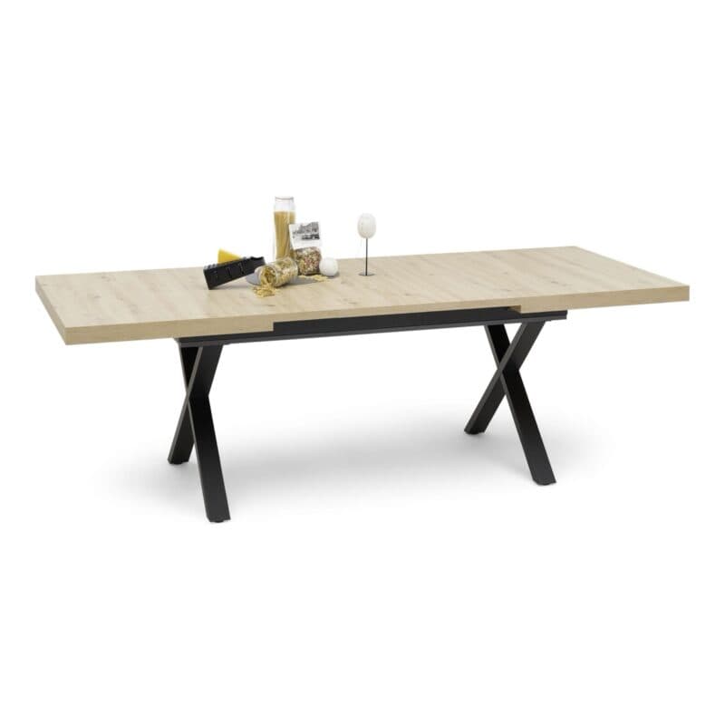 Trendstore Mirell Ausziehtisch mit Platte in Asteiche Nachbildung und X-Gestell in Metall schwarz – mit Auszug