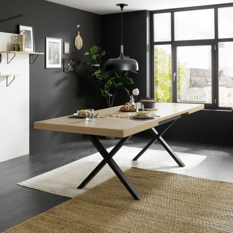 Trendstore Mirell Ausziehtisch mit Platte in Asteiche Nachbildung und X-Gestell in Metall schwarz – Wohnbeispiel