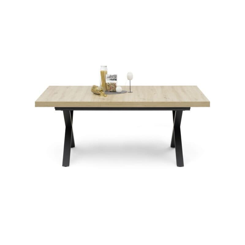 Trendstore Mirell Ausziehtisch mit Platte in Asteiche Nachbildung und X-Gestell in Metall schwarz – Frontansicht