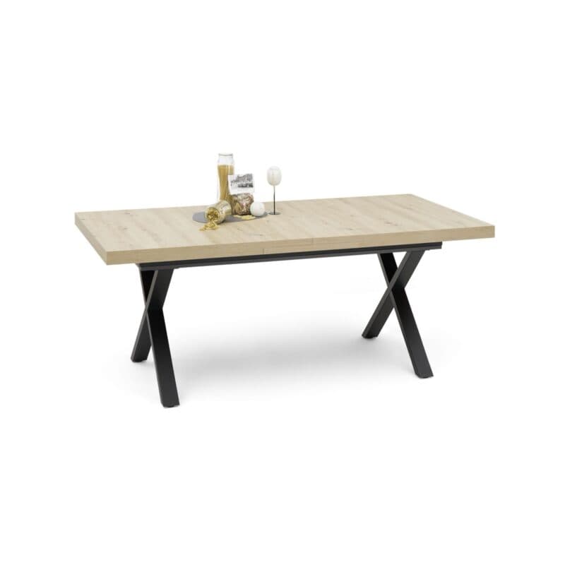 Trendstore Mirell Ausziehtisch mit Platte in Asteiche Nachbildung und X-Gestell in Metall schwarz