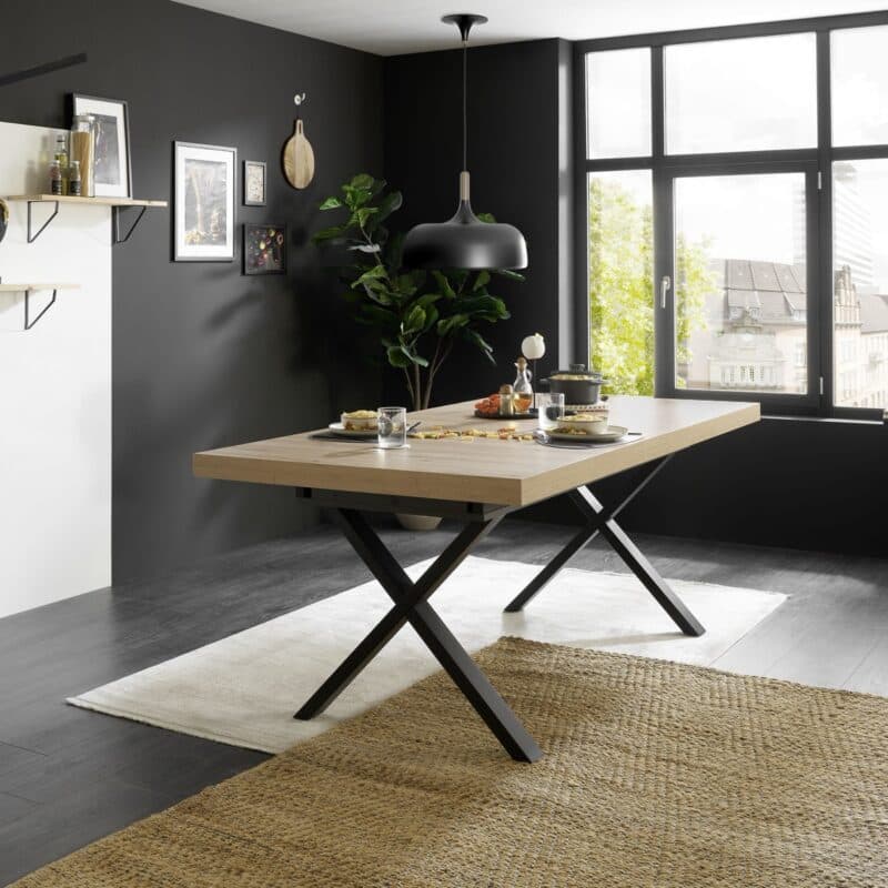Trendstore Mirell Ausziehtisch mit Platte in Asteiche Nachbildung und X-Gestell in Metall schwarz – Wohnbeispiel