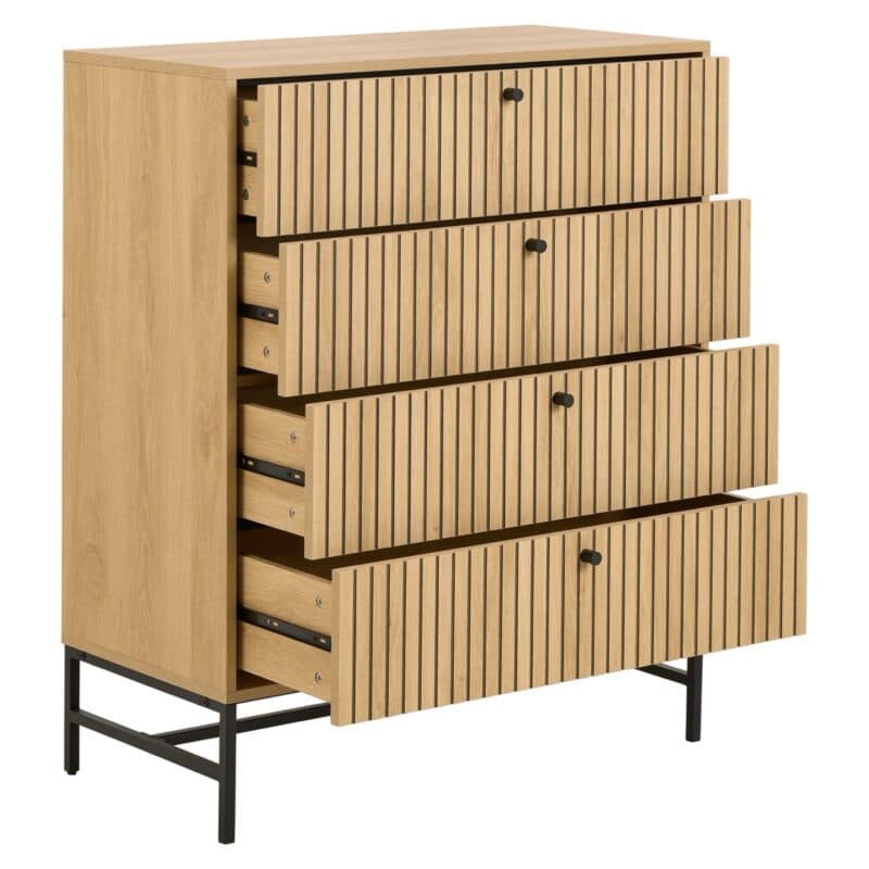 Trendstore Adely Kommode mit 4 Schubladen, in Eiche Nachbildung mit Lamellenfronten - Perspektivansicht offen