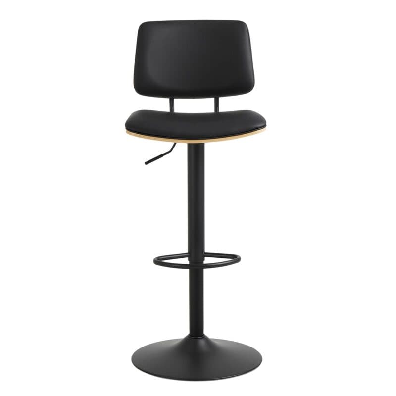 Liadomo Aniska Barhocker Sitz-und Rücken in Bezug Lederimitat schwarz mit Eichefurnier und Gestell in Schwarz matt - Frontansicht