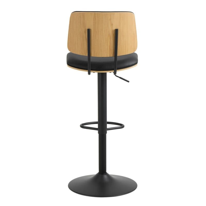 Liadomo Aniska Barhocker mit Sitz - und Rücken in Bezug Lederimitat schwarz mit Eichefurnier und Gestell in Schwarz matt - Rückenansicht