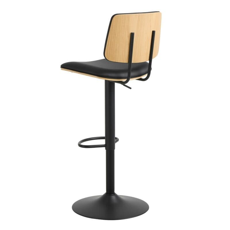 Liadomo Aniska Barhocker mit Sitz - und Rücken in Bezug Lederimitat schwarz mit Eichenfurnier und Gestell in Schwarz matt - Perspektivansicht Rücken