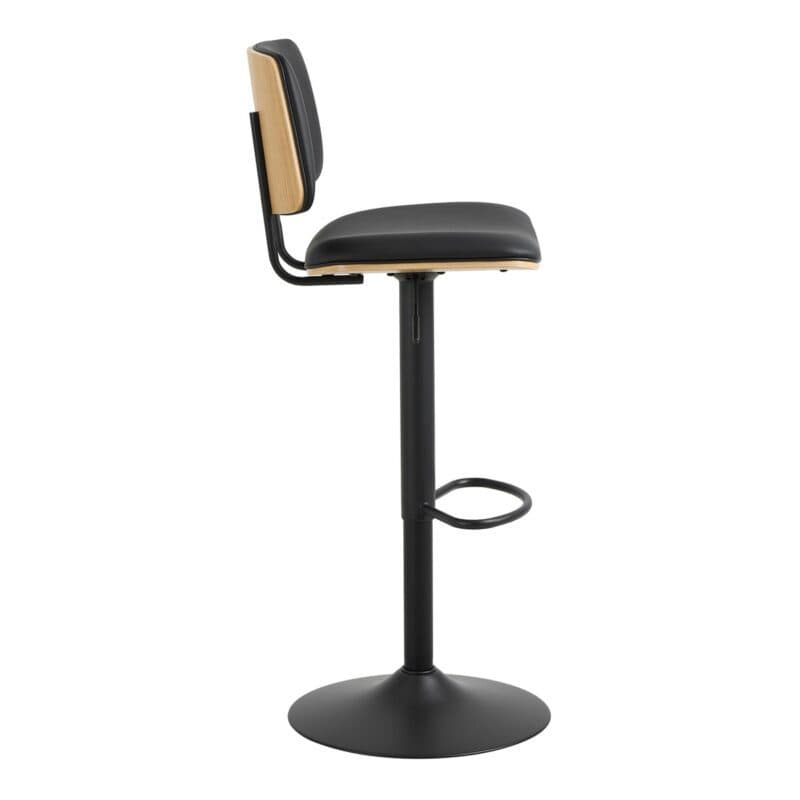 Liadomo Aniska Barhocker mit Sitz - und Rücken in Bezug Lederimitat schwarz mit Eichenfurnier und Gestell in Schwarz matt - Seitenansicht
