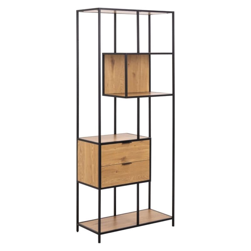Trendstore Auroa Regal mit Gestell in schwarz pulverbeschichtet, Fronten und Böden in Wildeiche Nachbildung - Perspektivansicht