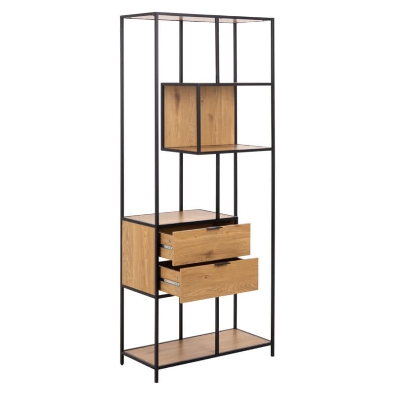 Trendstore Auroa Regal mit Gestell in schwarz pulverbeschichtet, Fronten und Böden in Wildeiche Nachbildung - Perspektivansicht offene Schubladen