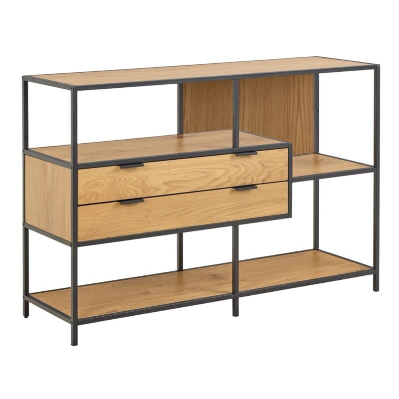 Trendstore Auroa Regal niedrig mit Gestell in schwarz pulverbeschichtet, Fronten und Böden in Wildeiche Nachbildung - Perspektivansicht