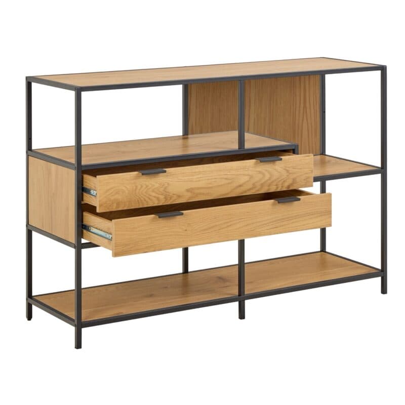 Trendstore Auroa Regal niedrig mit Gestell in schwarz pulverbeschichtet, Fronten und Böden in Wildeiche Nachbildung - Perspektivansicht offene Schubladen