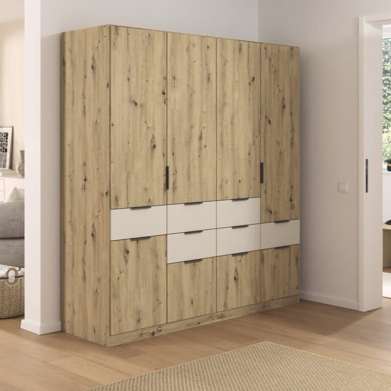 Trendstore Raas Drehtürenschrank in Eiche Artisan Nachbildung mit Absetzung in Dekor Champagner - Breite 181 cm - Wohnbeispiel