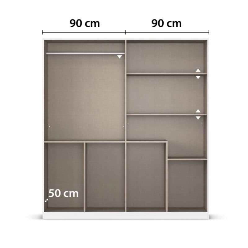 Trendstore Raas Drehtürenschrank Breite 181 cm - Innenansicht mit Maßen