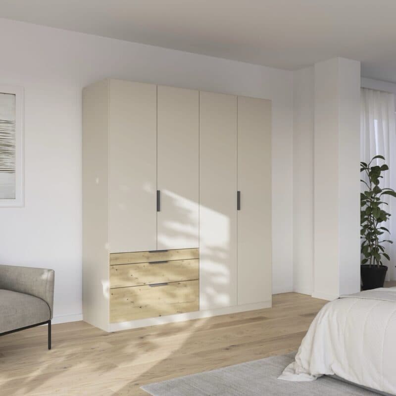Trendstore Rani Drehtürenschrank mit 4 Türen und 3 Schubladen - Breite 181 cm - Wohnbeispiel