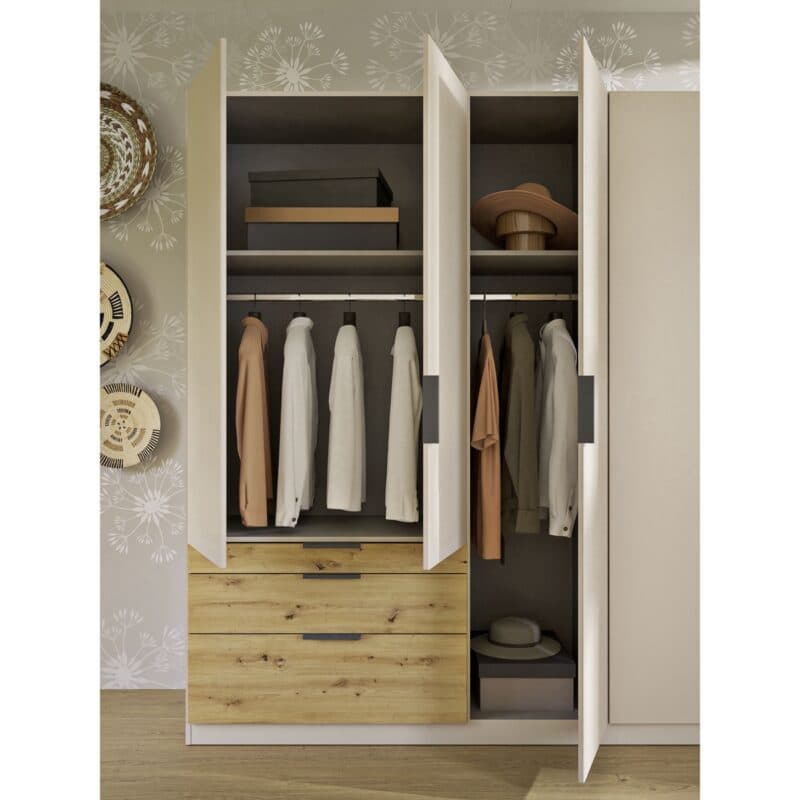 Trendstore Rani Drehtürenschrank mit 4 Türen und 3 Schubladen - Breite 181 cm - Wohnbeispiel offen