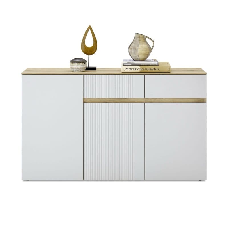 Trendstore Wamila Sideboard mit Korpus in Coast Evoke Eiche Nachbildung und Fronten in Dekor light grey matt - Frontansicht