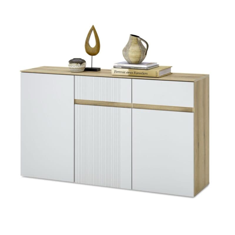 Trendstore Wamila Sideboard mit Korpus in Coast Evoke Eiche Nachbildung und Fronten in Dekor light grey matt - Perspektivansicht