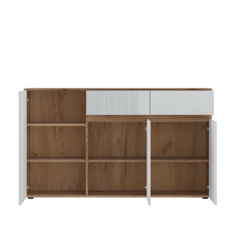 Trendstore Wamila Sideboard mit Korpus in Coast Evoke Eiche Nachbildung und Fronten in Dekor light grey matt - Frontansicht offen