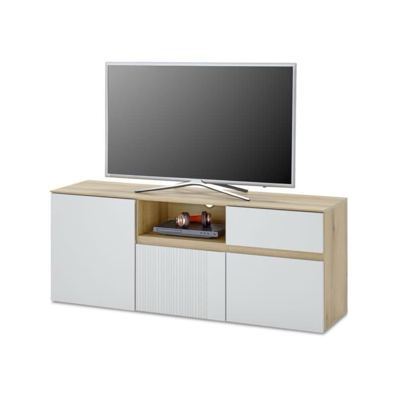 Trendstore Wamila TV-Lowboard mit Korpus in Coast Evoke Eiche Nachbildung und Fronten in Dekor light grey matt - Perspektivansicht