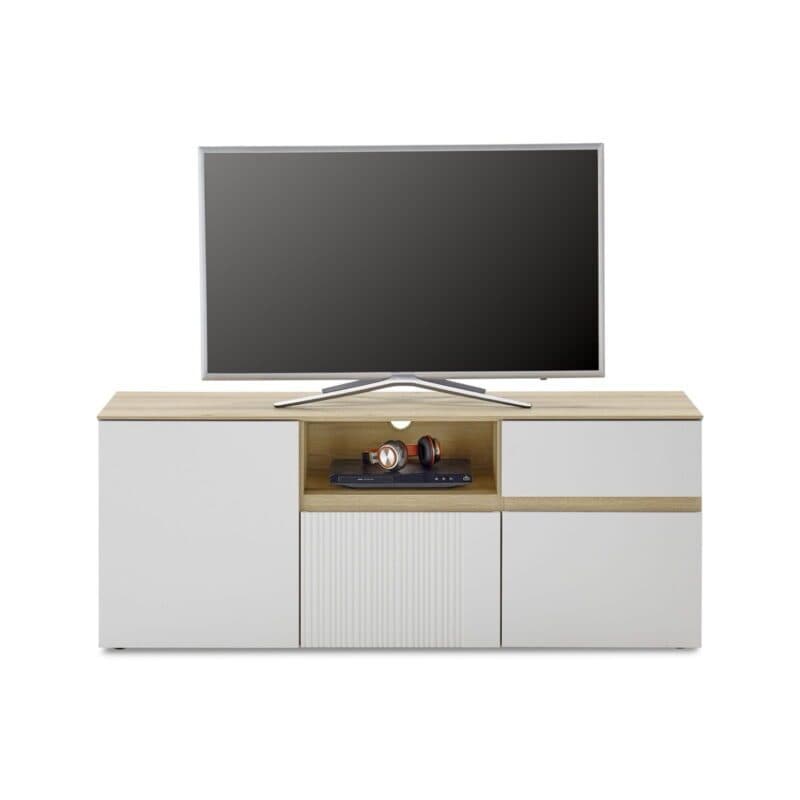 Trendstore Wamila TV-Lowboard mit Korpus in Coast Evoke Eiche Nachbildung und Fronten in Dekor light grey matt - Frontansicht